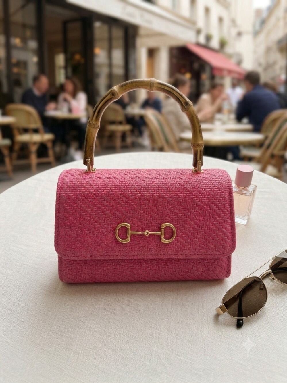 Hot Pink Woven Raffia Crossbody Bag, Bamboo Handle & Gold Horsebit